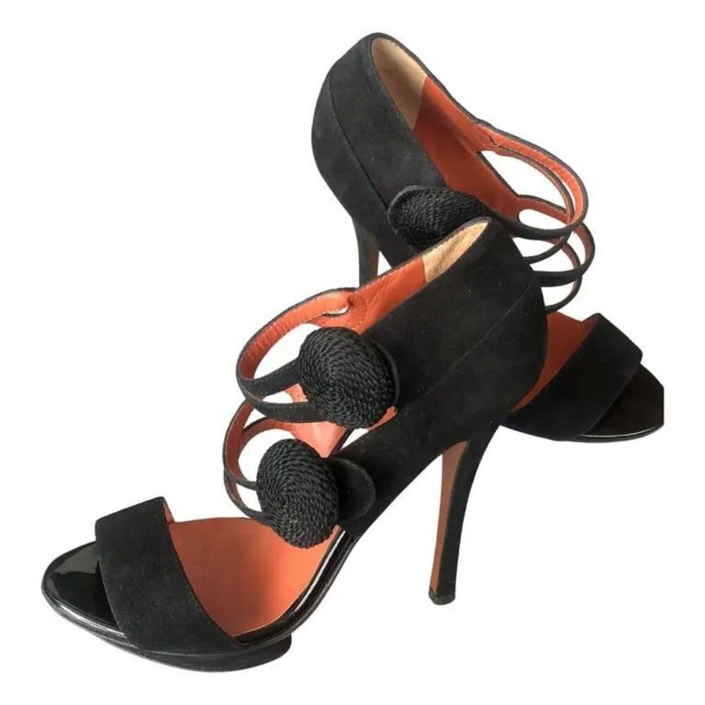 Santoni Sandals Black Velvet Strap Slingback Block Heel size 40 EU / 9.5